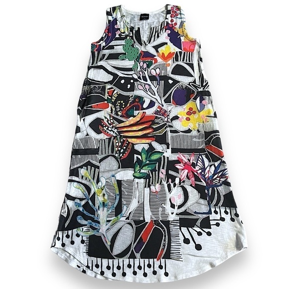Inoah art deco print lagenlook midi dress, knit, sleeveless, size S (oversized) - Picture 1 of 7